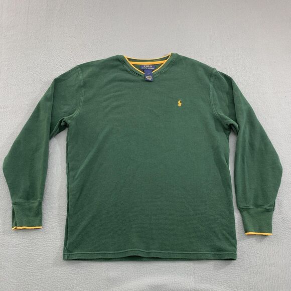 Polo Ralph Lauren Sweater Mens Large Green Yellow Crewneck Waffle Knit Cotton - Picture 1 of 12